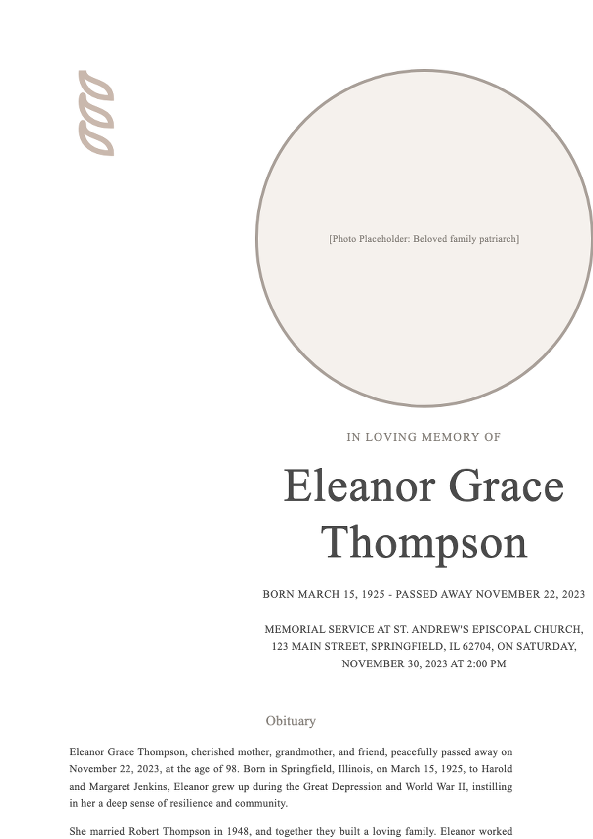 Elegant memorial program with floral design and photo for Cynthia G_variant_3